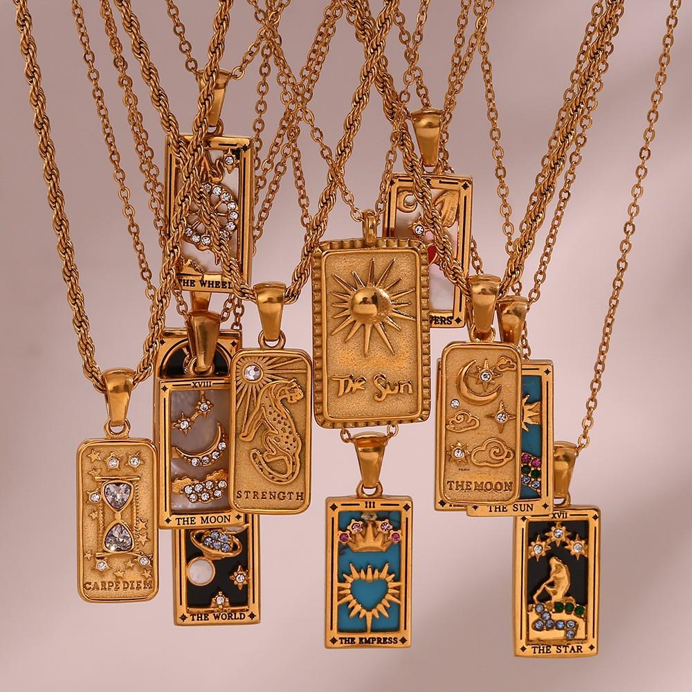 Europe America Ins Fashion Retro Popular Bamboo Stainless Steel Rectangular Drop-Oil Zircon Tarot Card Link Women's Pendant
