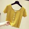 Women's Casual Square Collar Solid Short Sleeve Buttons Knitted Hollow Out T-Shirt