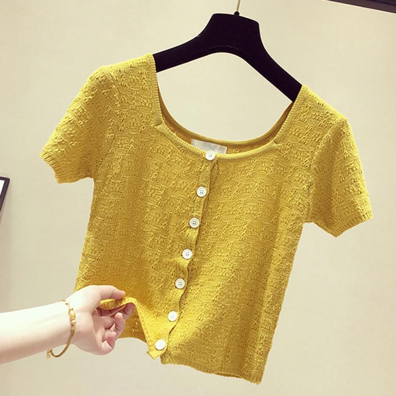 Women's Casual Square Collar Solid Short Sleeve Buttons Knitted Hollow Out T-Shirt