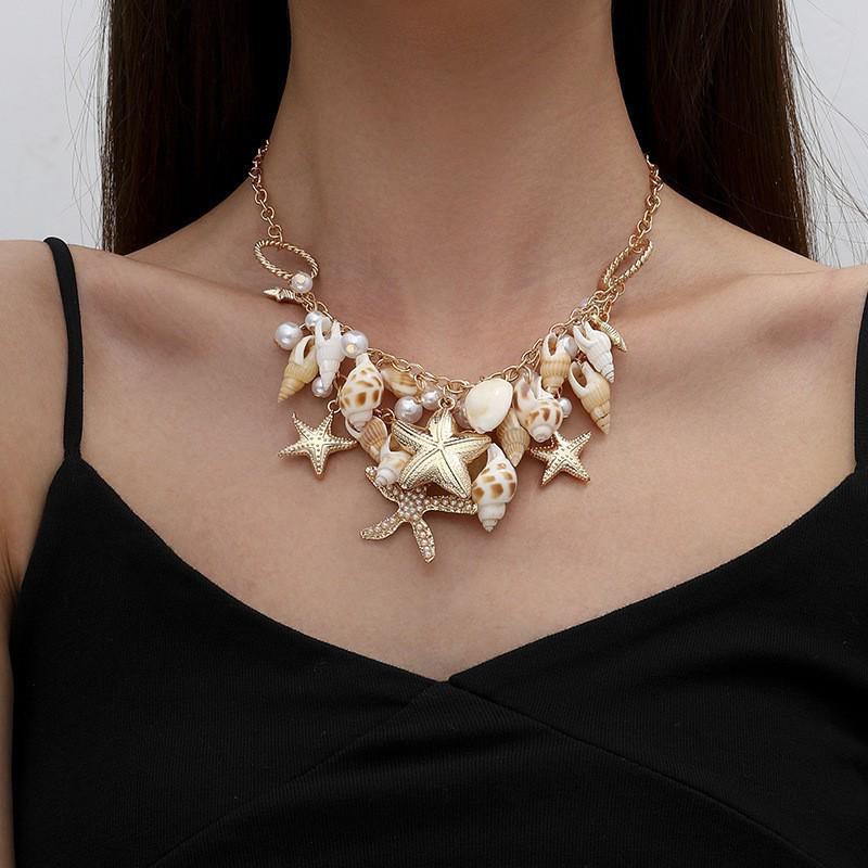 Böhmisches Muschel- & Seesternschmuck-Set: Perlenkette & Armband für Damen