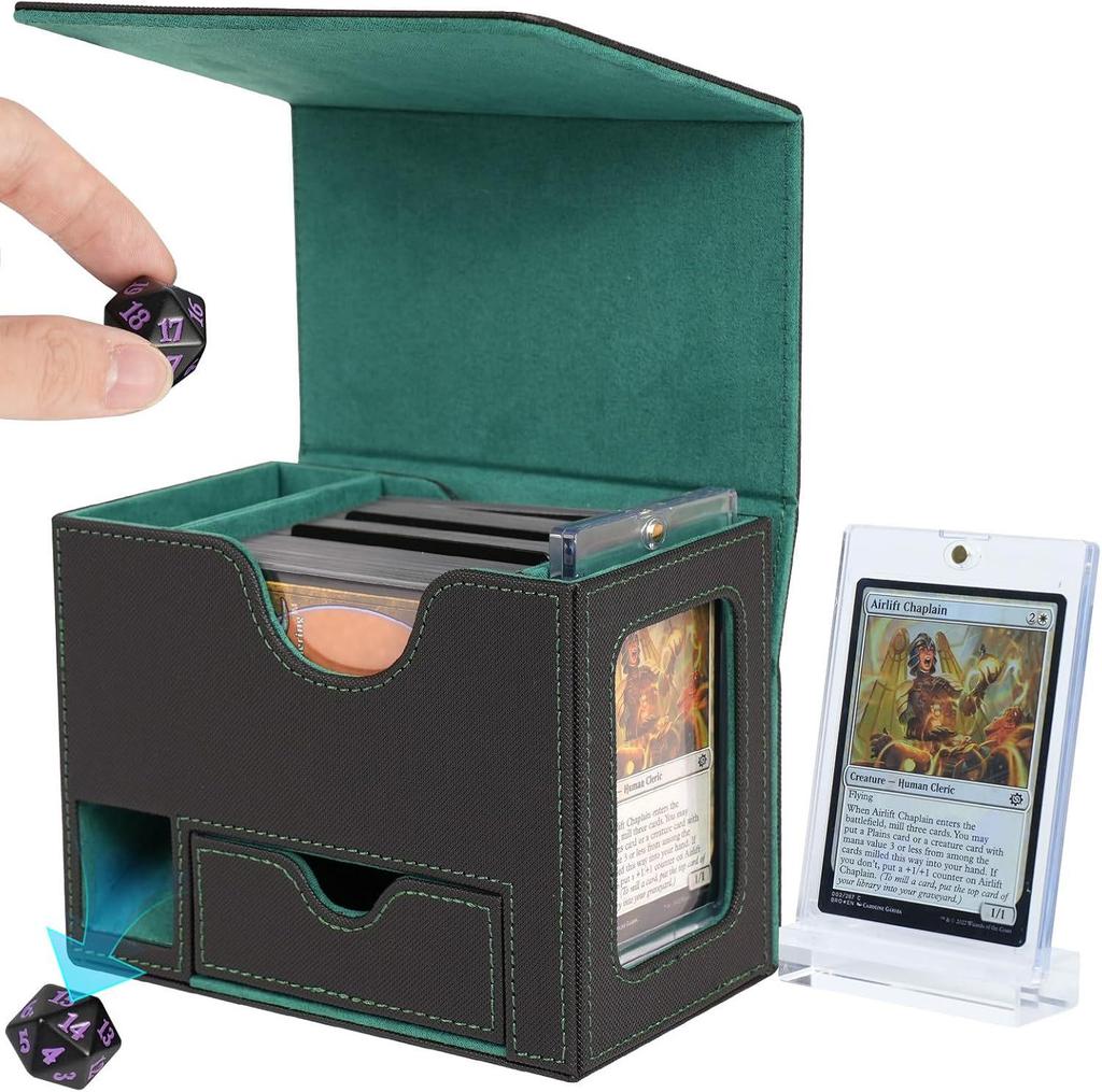 PU Leather Dice & Card Storage Box for 120+ Sleeved Cards, Dice, and Tokens - Compatible with Yu-Gi-Oh! & Magic: The Gathering, with Windowed Display.