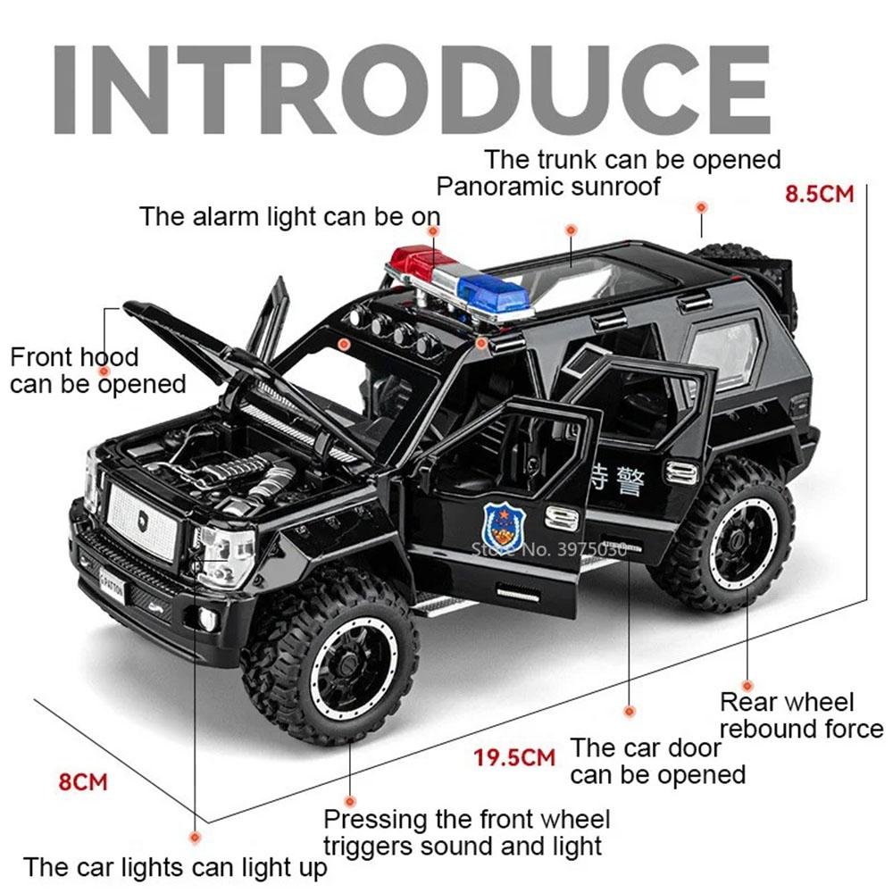 1:24 Alloy Diecast YiWeiKe QiaoZhiBaDun Police Cars Models Toy Light Sound Vehicles Rubber Tires Car Toy for Kids Festival Gifts