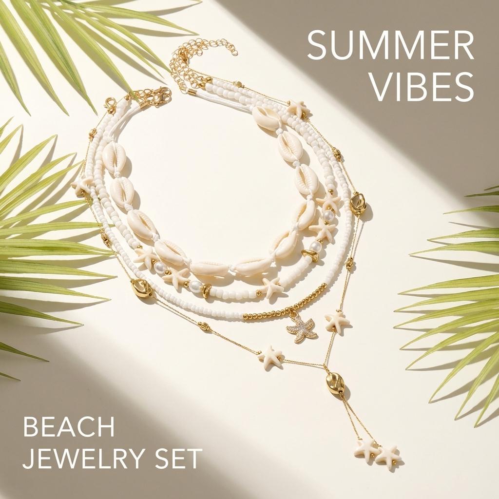 4Pcs/Set Vacation Shell Starfish Seed Bead Long Necklace Summer Beach Ocean Theme Boho Layered Jewelry For Women