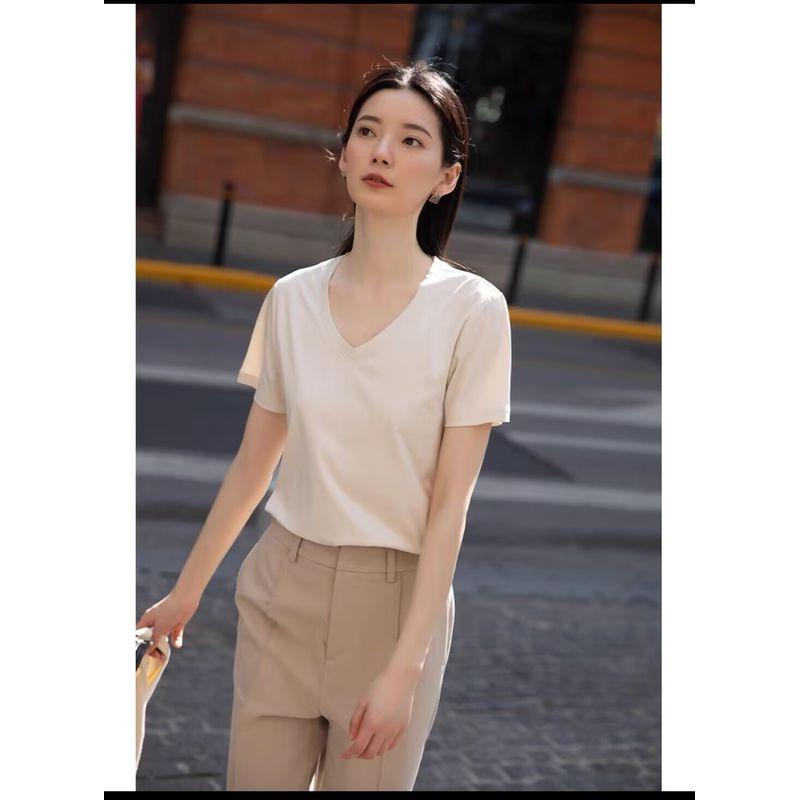 

Rihe Pure Color Mulberry Silk Mercerized Cotton Short-Sleeved Mask T-shirt Women s Summer Silky Glossy Breathable Cool Feeling Minimalist Ins Coconut Milk White V-Neck L