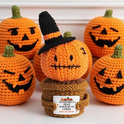 Knitted Spooky Ghost Desktop Ornaments Halloween Crochet Pumpkin With Hat Card Ornament Home Day Of The Dead Party Decor