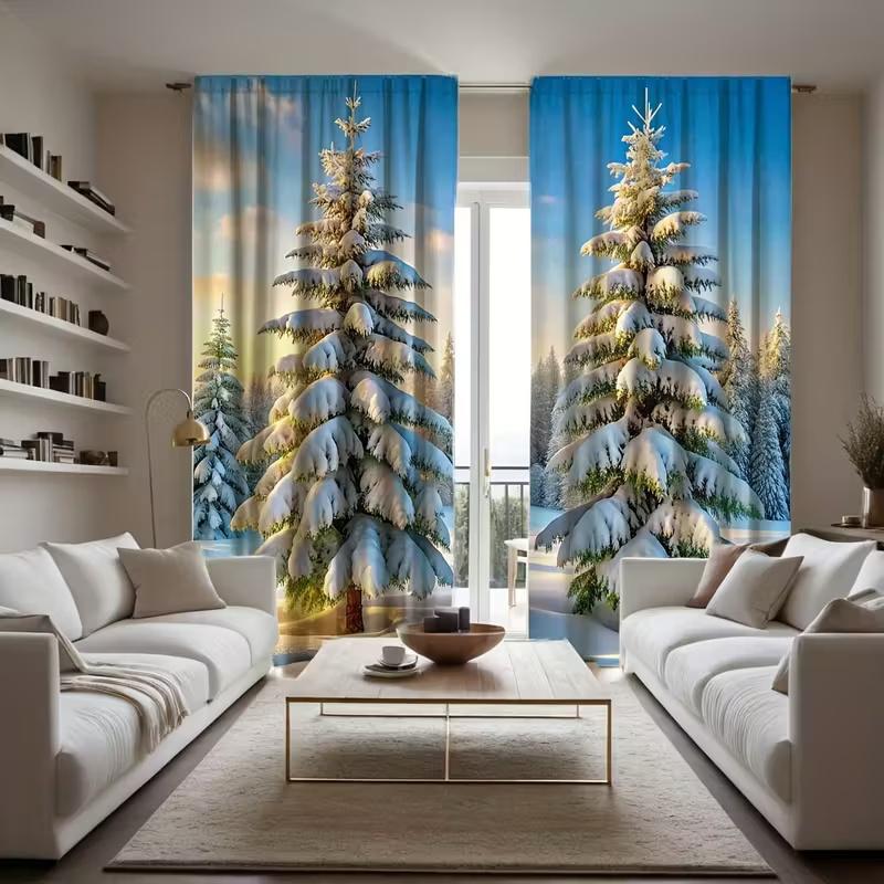 Christmas decoration-2Pcs-Christmas snow scene print curtains,suitable for bedroom,living room,home decoration,window decoration