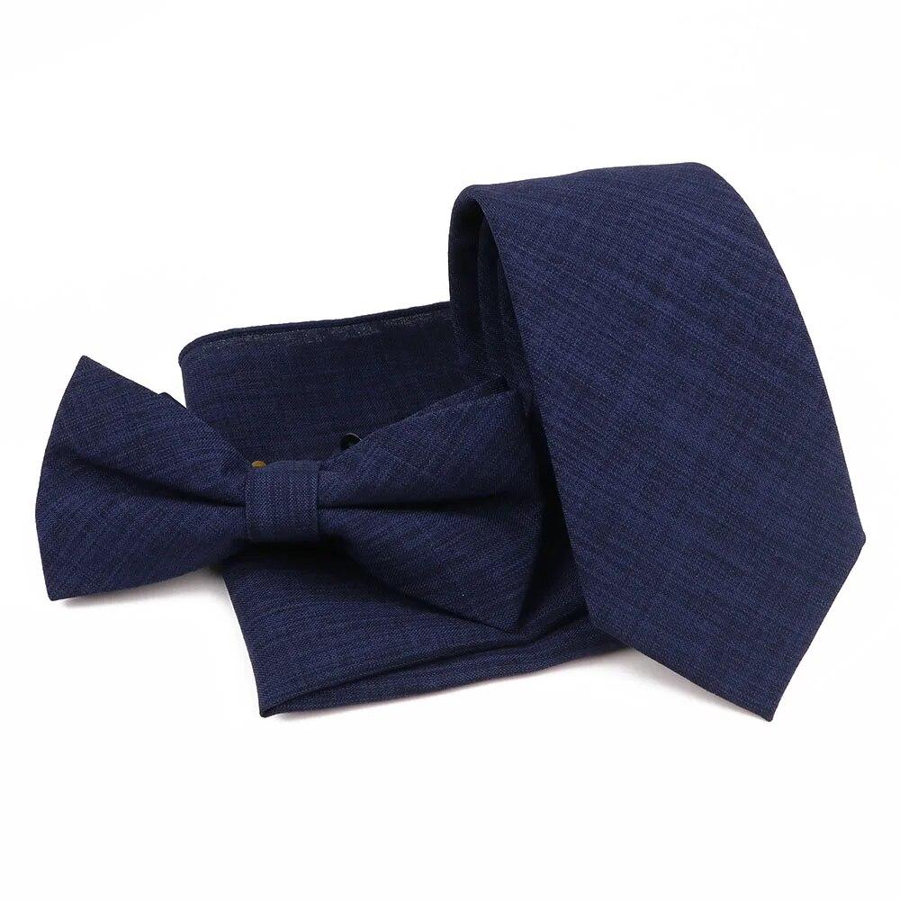 Men Fashion Solid Color Cotton Tie Bowtie Handkerchief Set Wedding Party Butterfly Necktie