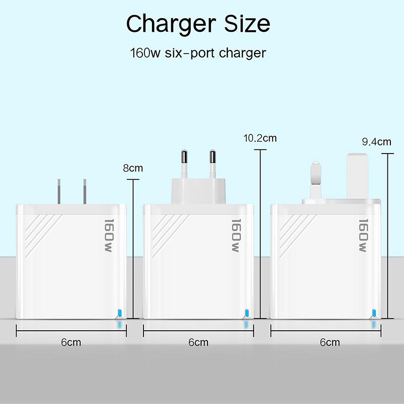 160W 6-Port Fast Charging Usb Type C Quick Charge Pd Qc3.0 Wall Charger Adapter For Iphone Xiaomi Samsung Huawei Phone Charger