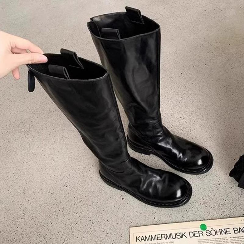 Cowhide Version~ Retro Pleated Thick-soled Long Knight Boots Women's Thin Leather High Boots