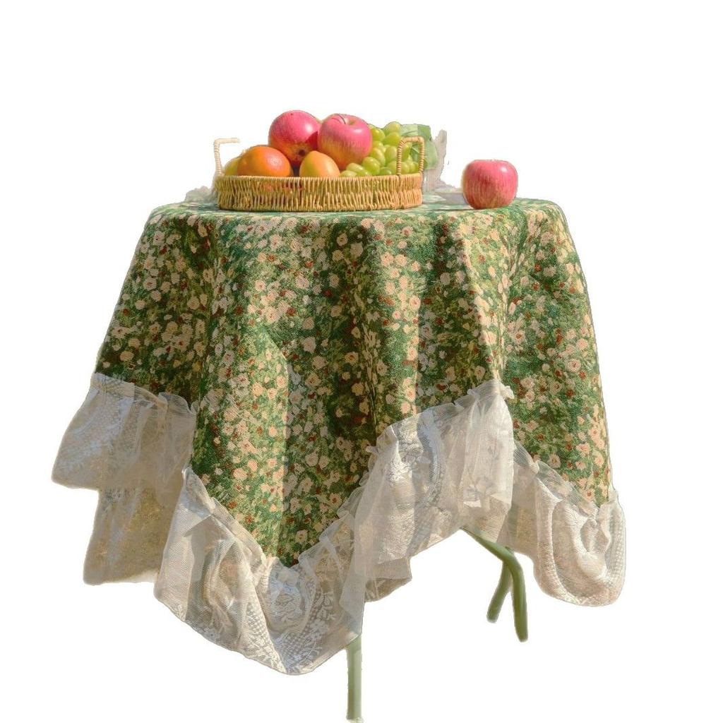 Table Cloth Jacquard Green Flower Camping Outdoor Tablecloth Lace Ruffle Edge Multi-purpose Cover Towel Bedside Table