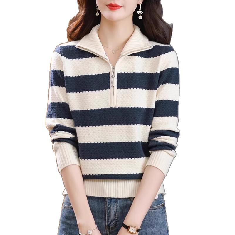 Striped Half-Zip Lapel Knit Sweater – Women's Autumn/Winter Slimming Base Layer