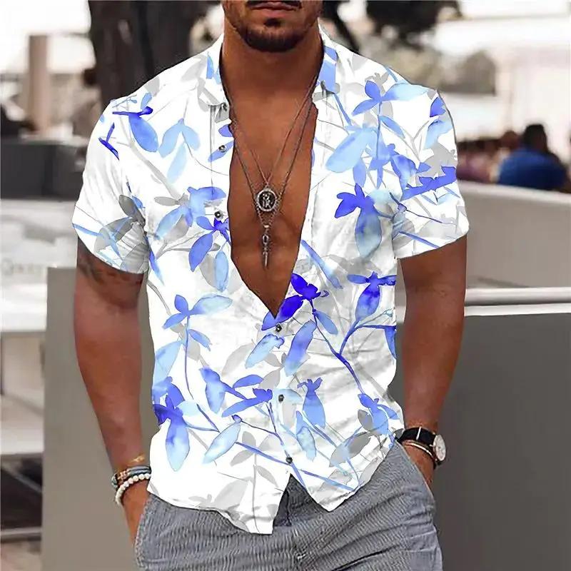 New Men's Maple Leaf Print Hawaiian Shirts V-neck Shirts Short Sleeve Button-down Tops Street Wear Men's Trend Clothing Summer New