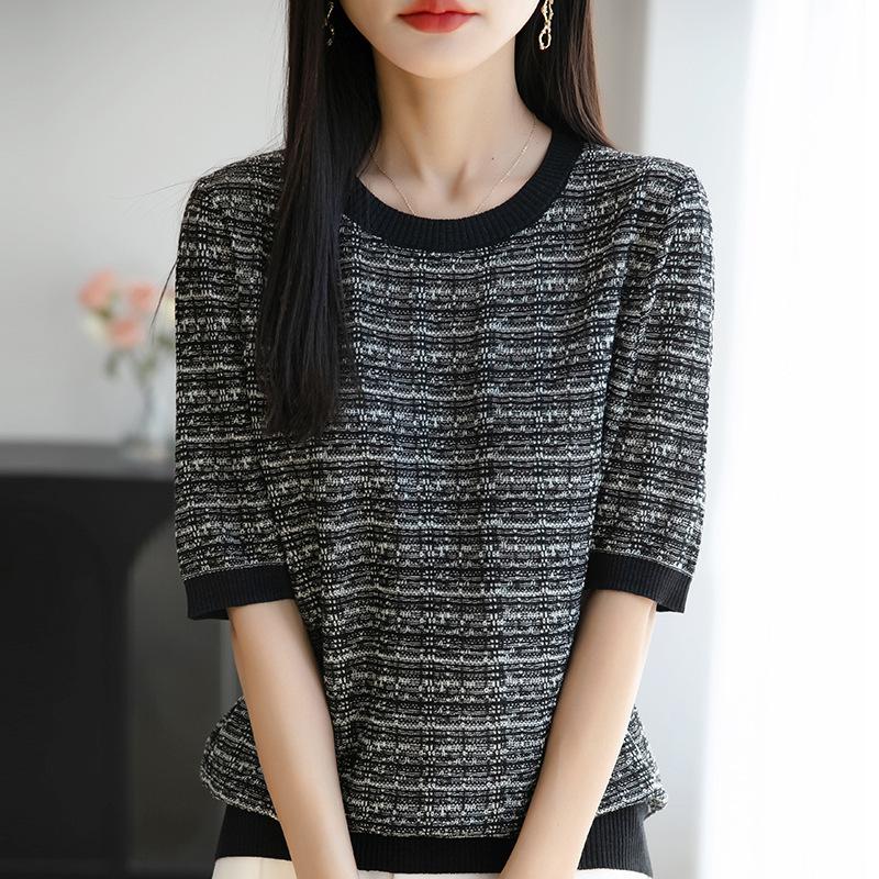 New Summer Women's Knitted Sweater with A Round Neck Thin and Color-blocked Short-sleeved T-shirt
