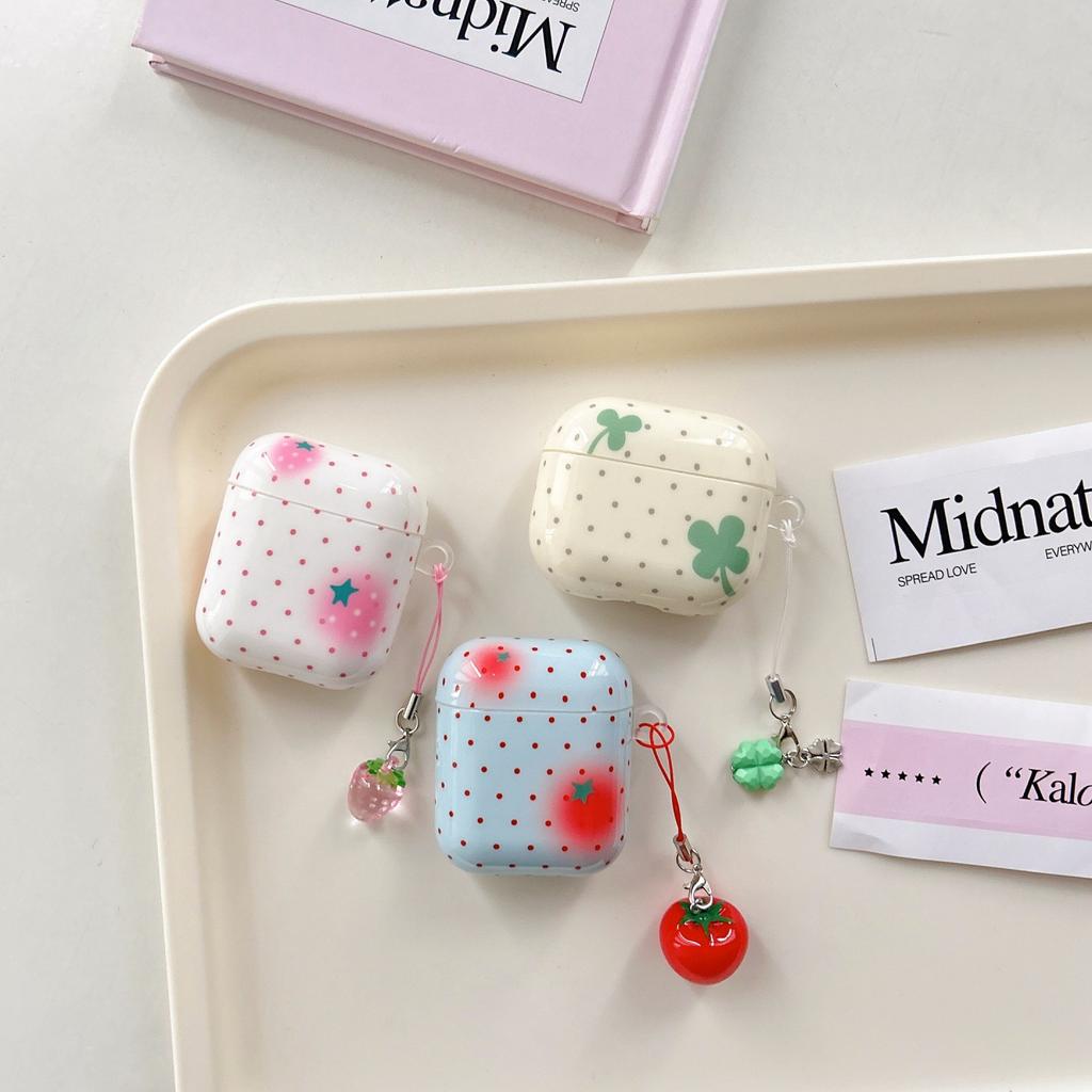 Colorful Wave Point Strawberry Tomato Four Leaf Clover With Pendant Earphone Case Cover for AirPods 1 or 2 3 4 Pro 2 Pro 3