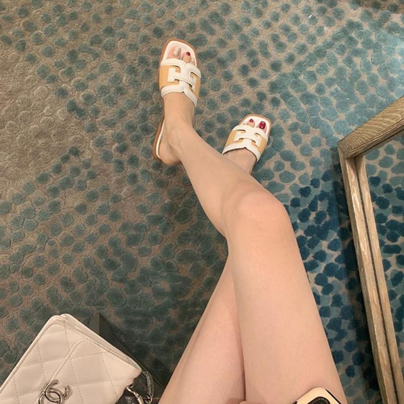 Sheepskin holiday style square head straw slippers women's summer outer wear splicing versatile contrasting color cool slippers