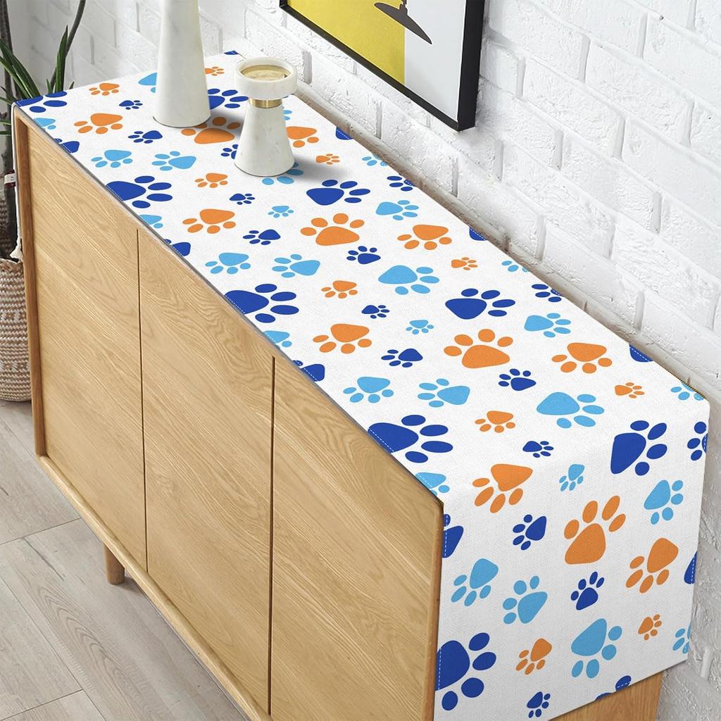 Paw Print Table Runner Dog Themed Birthday Party Decoration Puppy Pet Kitchen Dining Room Home Decor (Blue, 13" x 72")