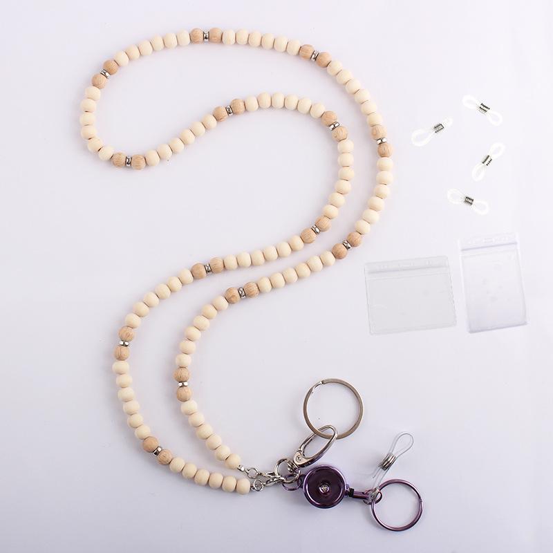 Unisex Stretchable Wooden Bead ID Necklace with Easy-Pull Key Chain
