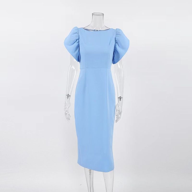 

Fashion Style Summer Elegant Ruffle Sleeve Slit Sheath Dress Split Ruffle Sleeve Dress Blue S
