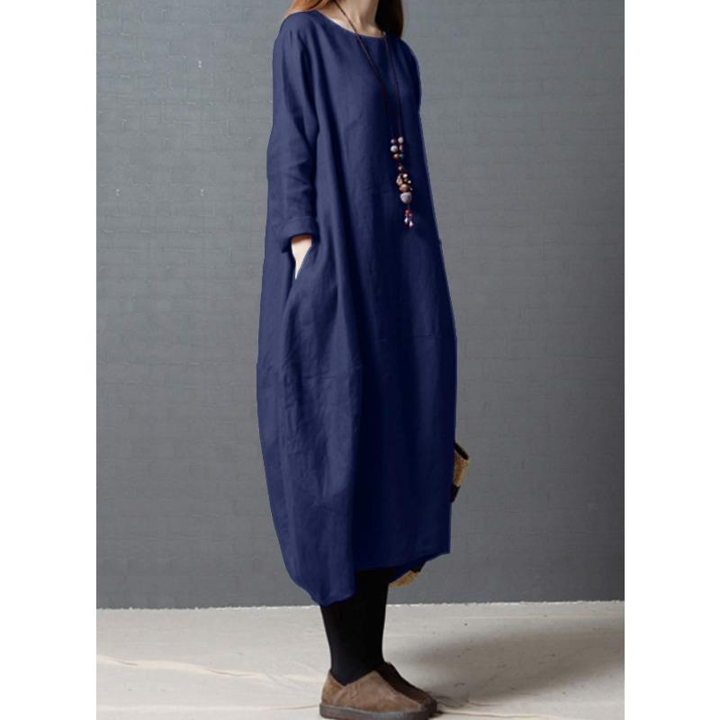 Spring Autumn Literary Vintage Solid Loose Casual Robe Women Long Sleeve Round Neck Cotton Dreess Vestidos