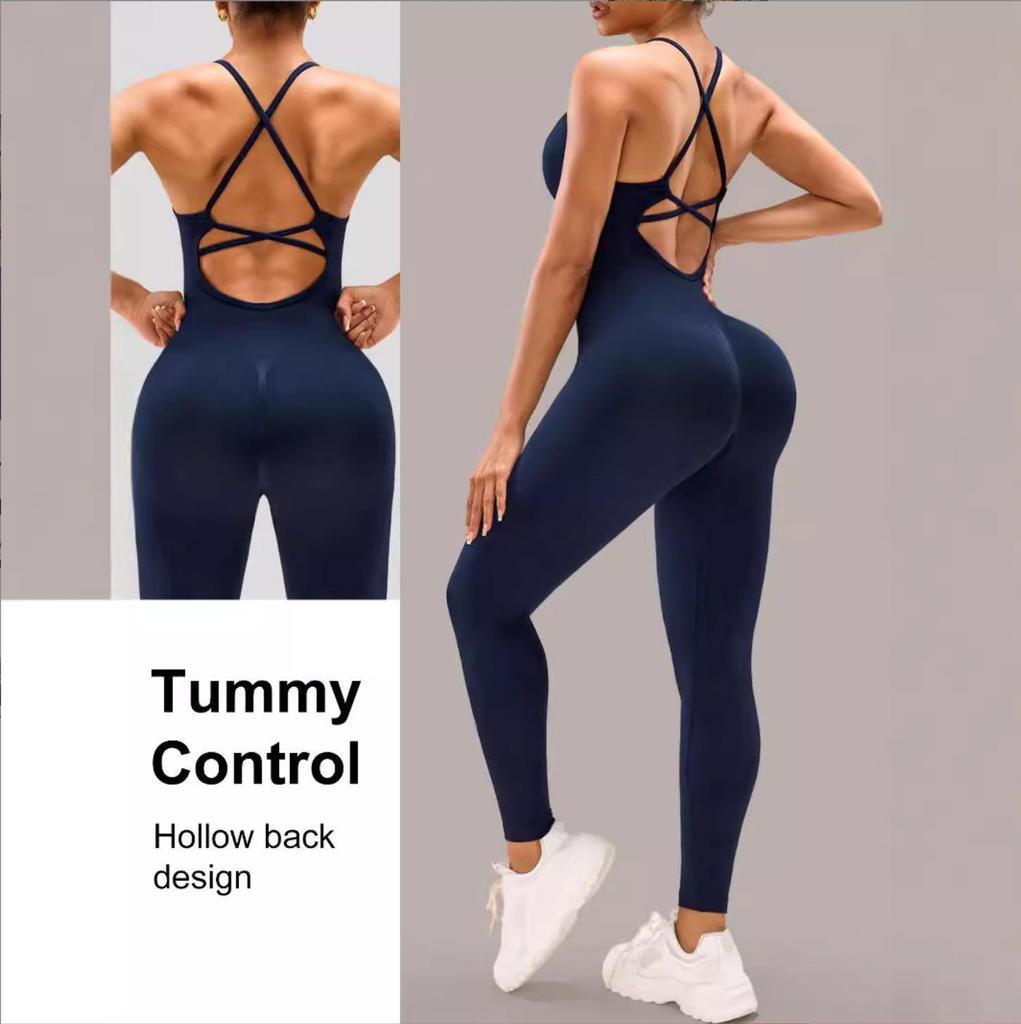 Butt-Lifting Padded Ribbed Sport Jumpsuit with Long Pants
