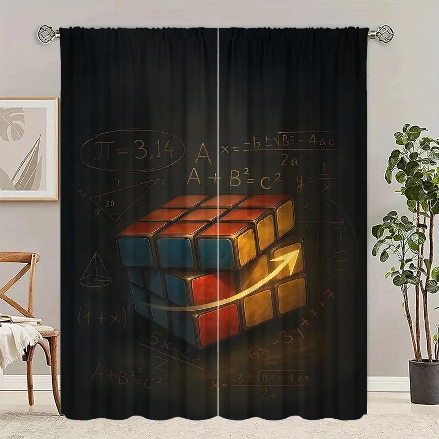 Set Of 2 Rubik Cube Printed Curtains Pole Bag Christmas Decorations Home Room Curtain Polyester