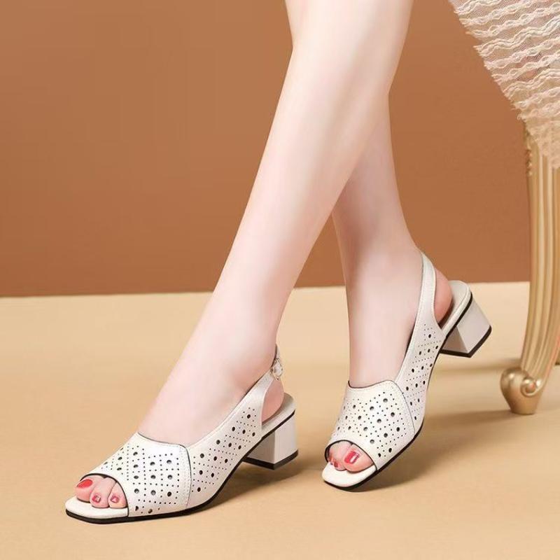 Versatile Thick Heel Fashionable Hollow Fish Mouth Sandals for Women Summer Mid Heel Buckle Sandals