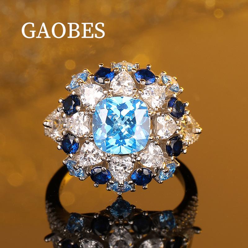 S925 Sterling Silver Women s Ring with Aquamarine and Zircon Size 7