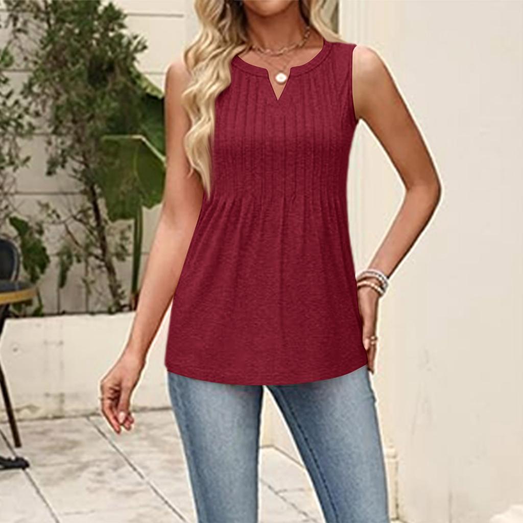 Women's Fashionable  V-neck Loose Casual Pleated Sleeveless Vest Top
