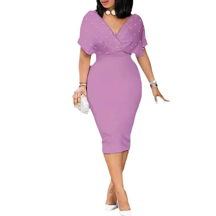 2024 Fashion Solid Color V-Neck Tube Top Dress with Bubble Beads