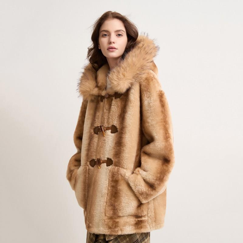 Womens Faux Fur Coat With Detachable Hooded Collar Zipper Thick Warm Winter Outerwear