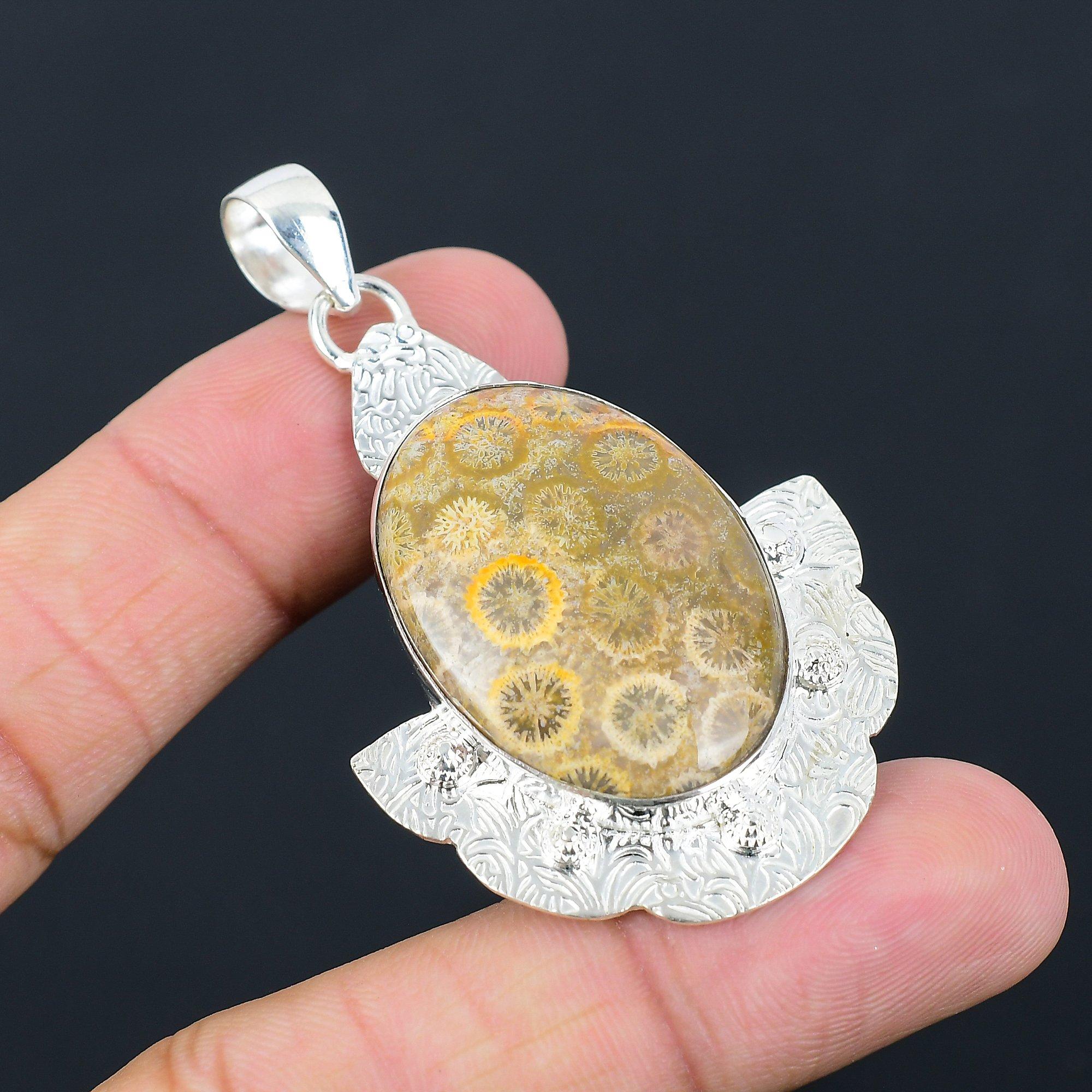 Daughters Day Deal Fossil Coral Gemstone 925 Silver Artisan Unique Wife Pendant