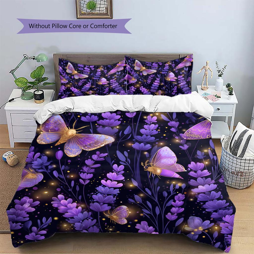Fialový květ motýlí vzor Sada povlečení prošívaná přikrývka Povlak na přikrývku Povlak na polštář Domácí dekorace Dárek (1 * povlak na peřinu + 2 * povlak na polštář, bez jádra)