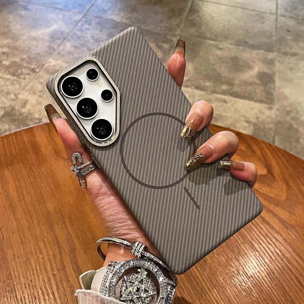 Carbon Fiber Texture Ultrathin Case for Samsung Galaxy S25 Plus Ultra for Magsafe Alloy Lens Wireless Charging Hard PC Cover