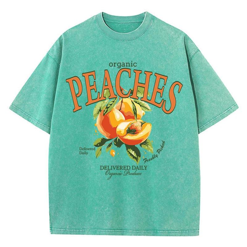Casual Woman Acid Wash T-Shirts Fresh Peaches Delivered Daily Prints Tops Distressed Crewneck Oversize Cotton Clothes