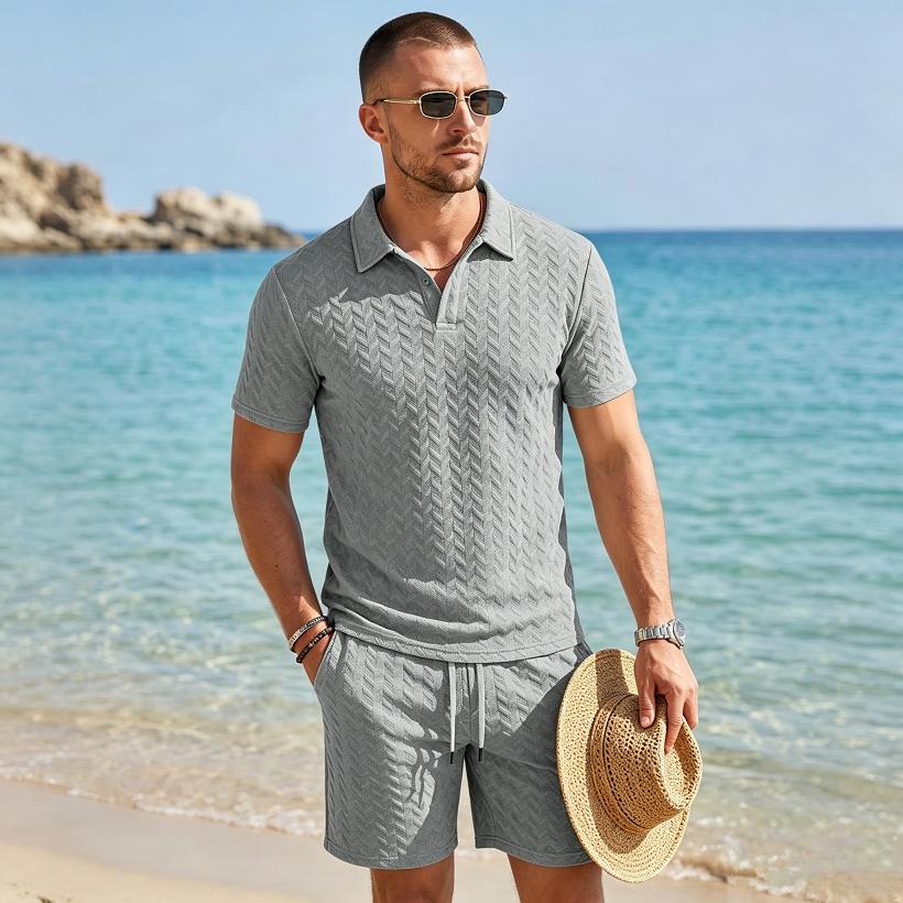 Summer New Men's Polo Shirt Set Casual Sporty Cool Fashionable Slim Fit Solid Color Short Sleeved Jacquard Shorts Set Men's