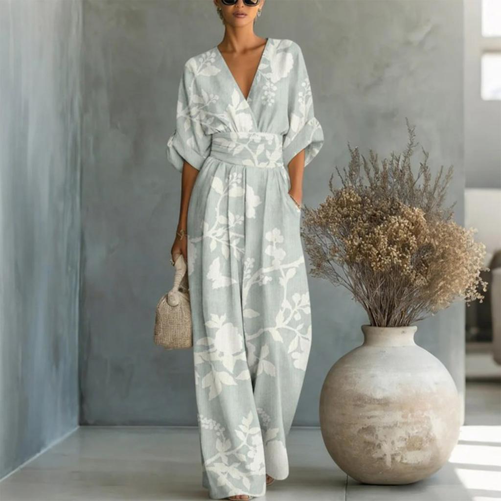 Dames Elegante V-hals Bedrukte Jumpsuit met Tailleband Losse Pasvorm Lange Mouwen Eendelig Outfit voor Casual of Formeel Gebruik