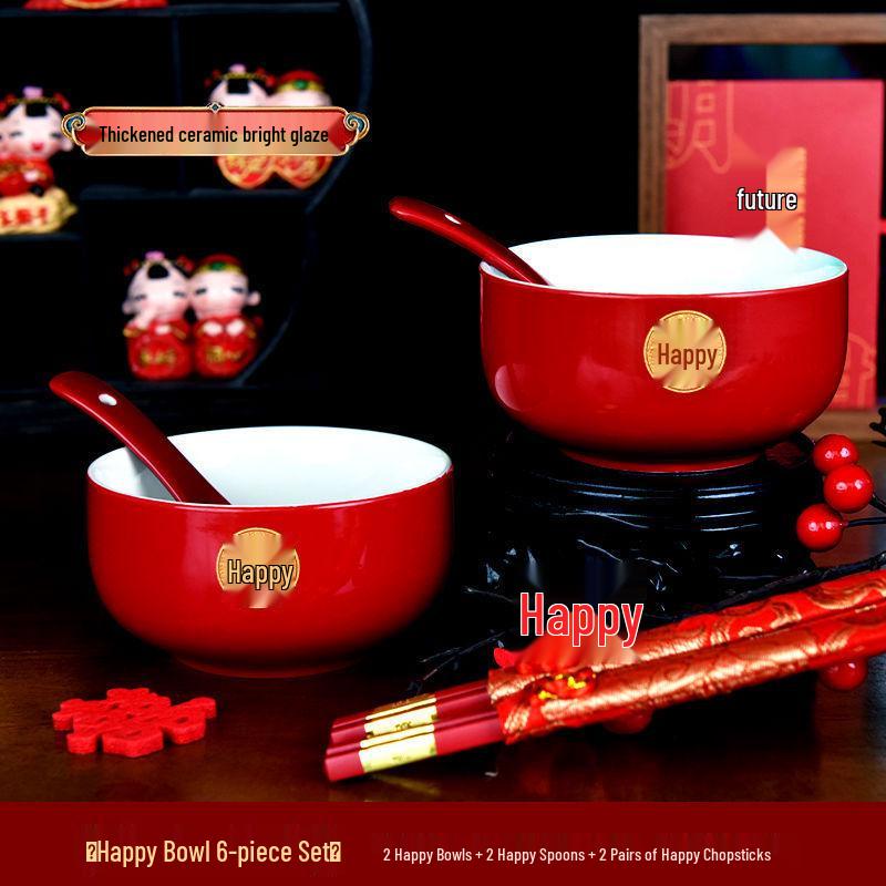 Red Wedding Tea Cup and Bowl Set with Chopsticks - Toasting Bowls Pair
