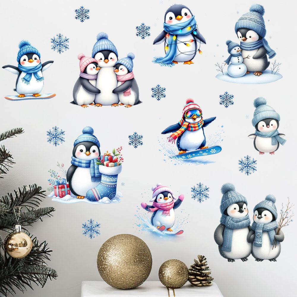 White Christmas Penguin Skiing Snowflake Wall Sticker for Living Room, Bedroom & Entrance - MLC-98