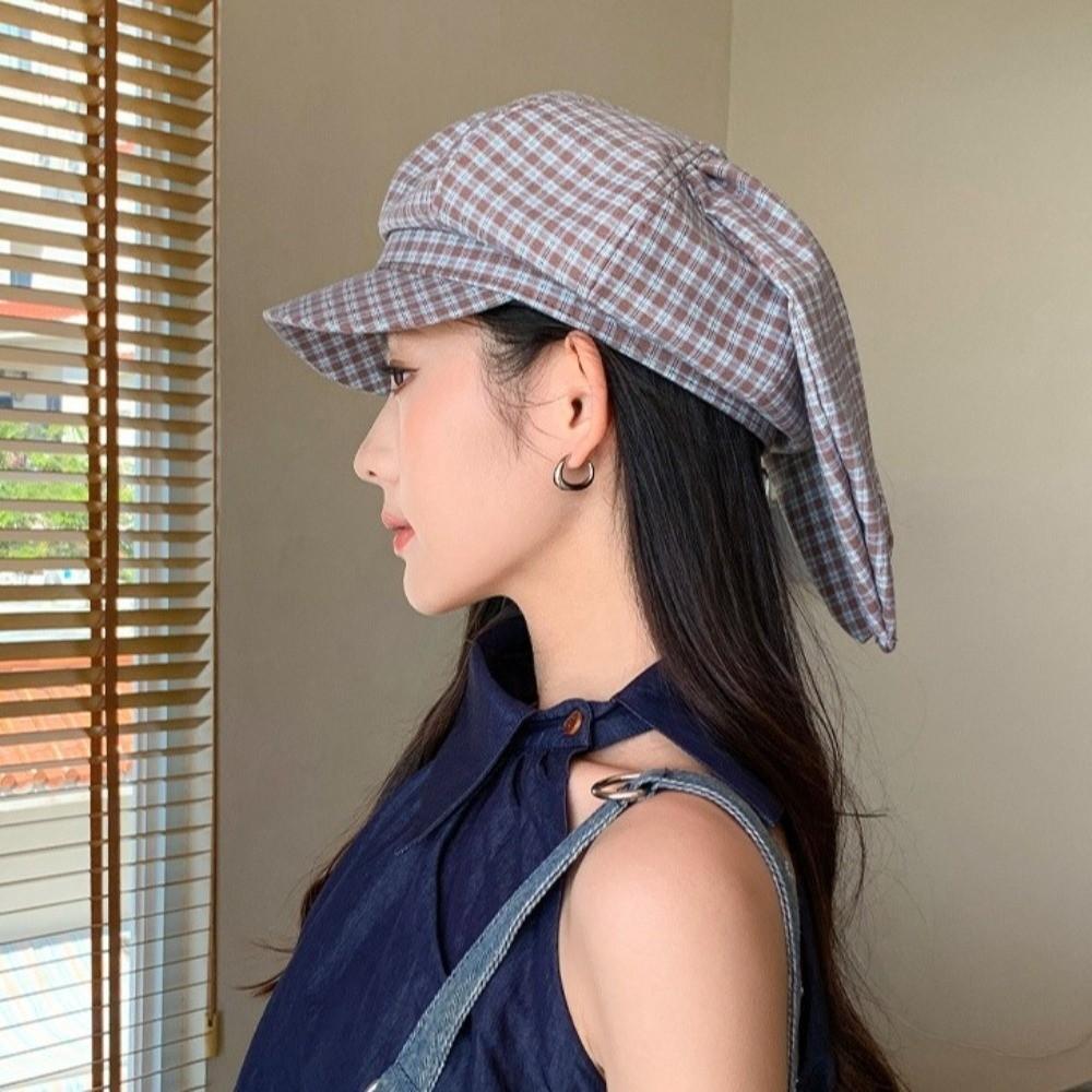 Korean Style Rabbit Ears Octagonal Hat Versatile Women Artist Hat Sweet Plaid Beret  Summer
