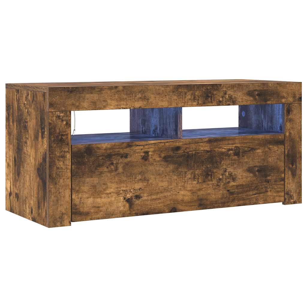 TV Stand with LED Lights Smoked Oak Finish 90 x 35 x 40 cm