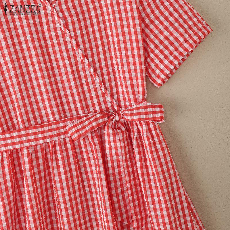 ZANZEA Women Casual V-Neck Summer Short Sleeve Plaid Print Dress