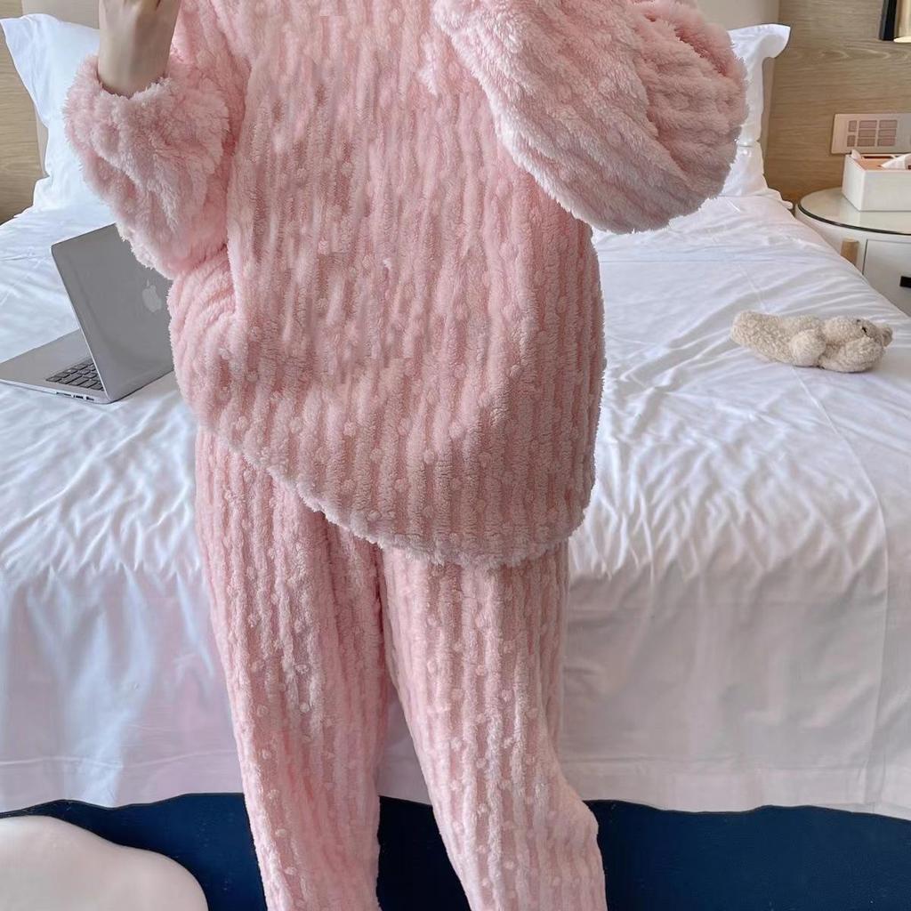 Women's Cute Cartoon Round Neck Flannel Pajamas - Warm Striped Coral Fleece Homewear Set for Autumn and Winter