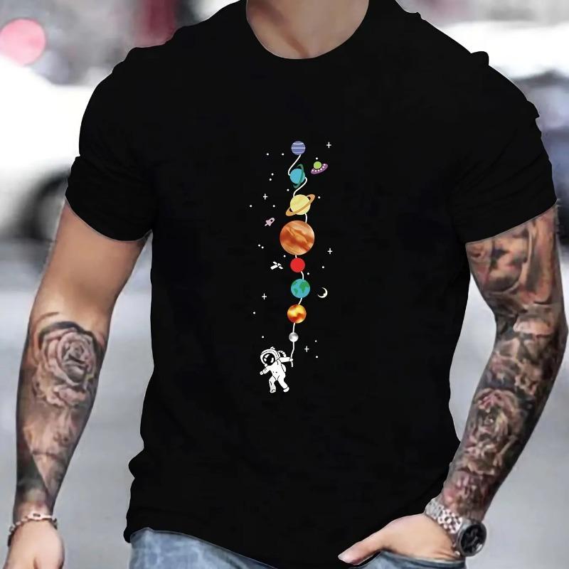 Men's 100% Pure Cotton Summer Loose Size Astronaut Planet Pattern Print Casual Comfortable Round Neck Short Sleeved T-Shirts Men’s
