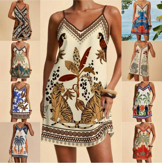 2026 Summer Fashion Casual Spaghetti Strap Printed V-Neck Slim Fit Dress for Women