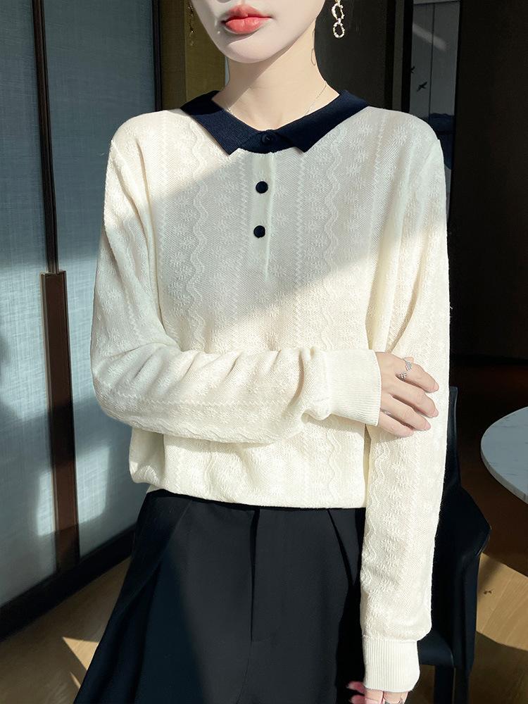 POLO Collar Knitted Sweater Long-sleeved Women's Color-blocked Jacquard Pullover Base Layer Top Early Autumn New Style