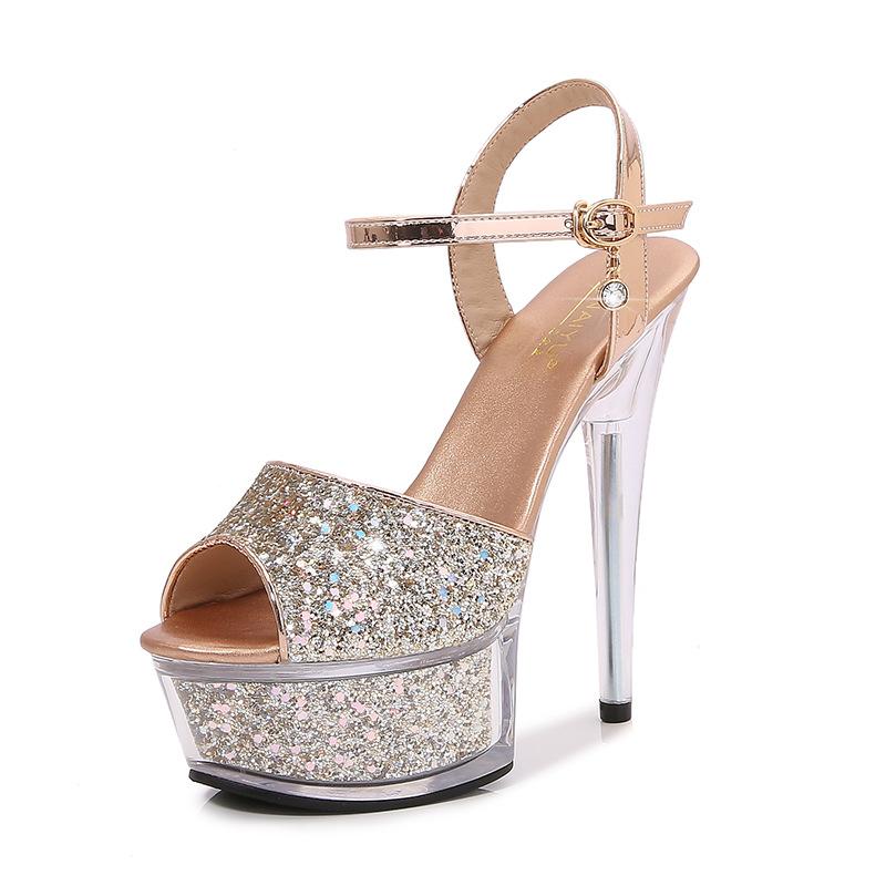 Summer new super high heel waterproof table fish mouth sandals transparent bottom crystal bottom rhinestone buckle sexy