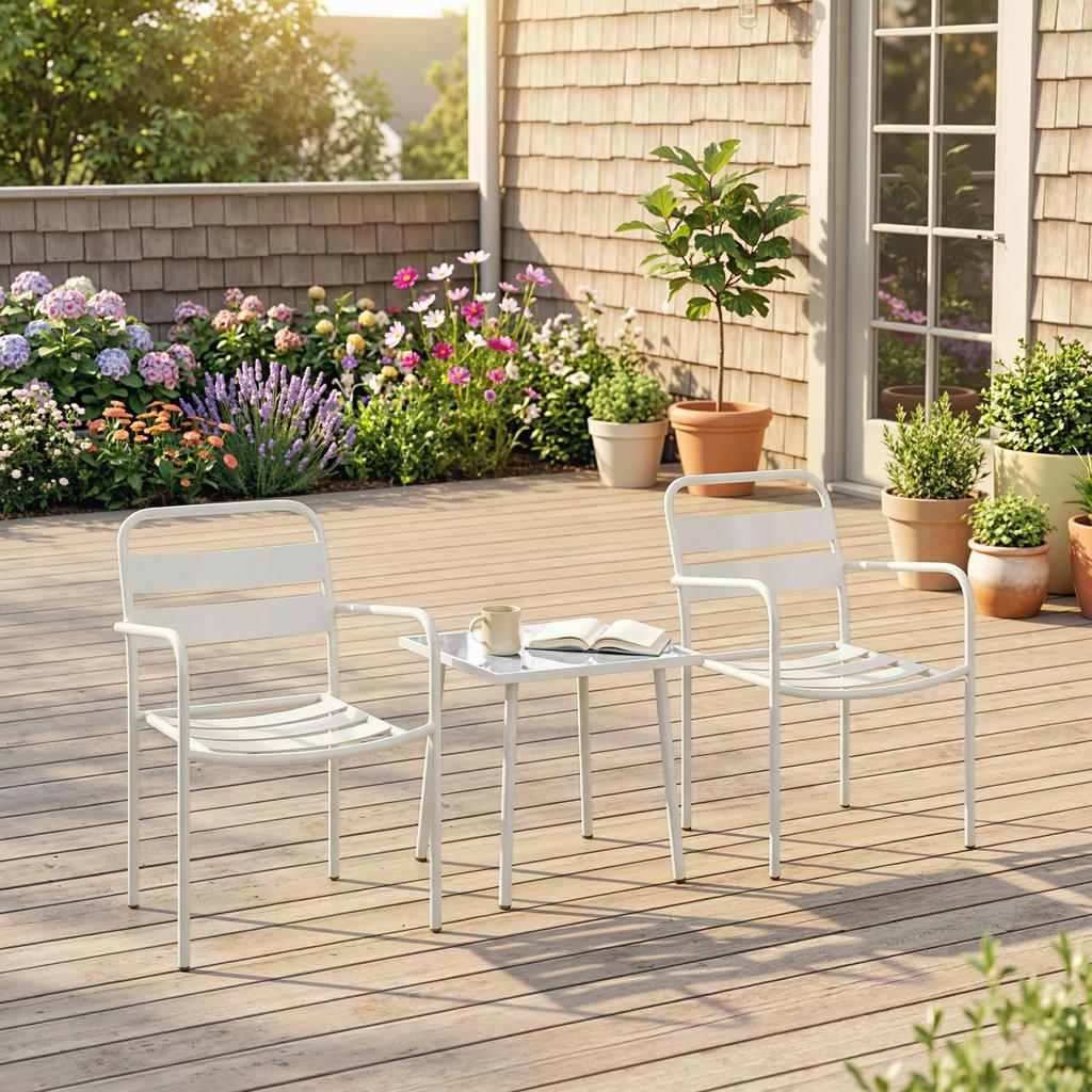 Bistro Set 3-Piece Metal Garden Furniture Set with 2 Garden Chairs, Glass Table, Slat Design, Rust-Resistant