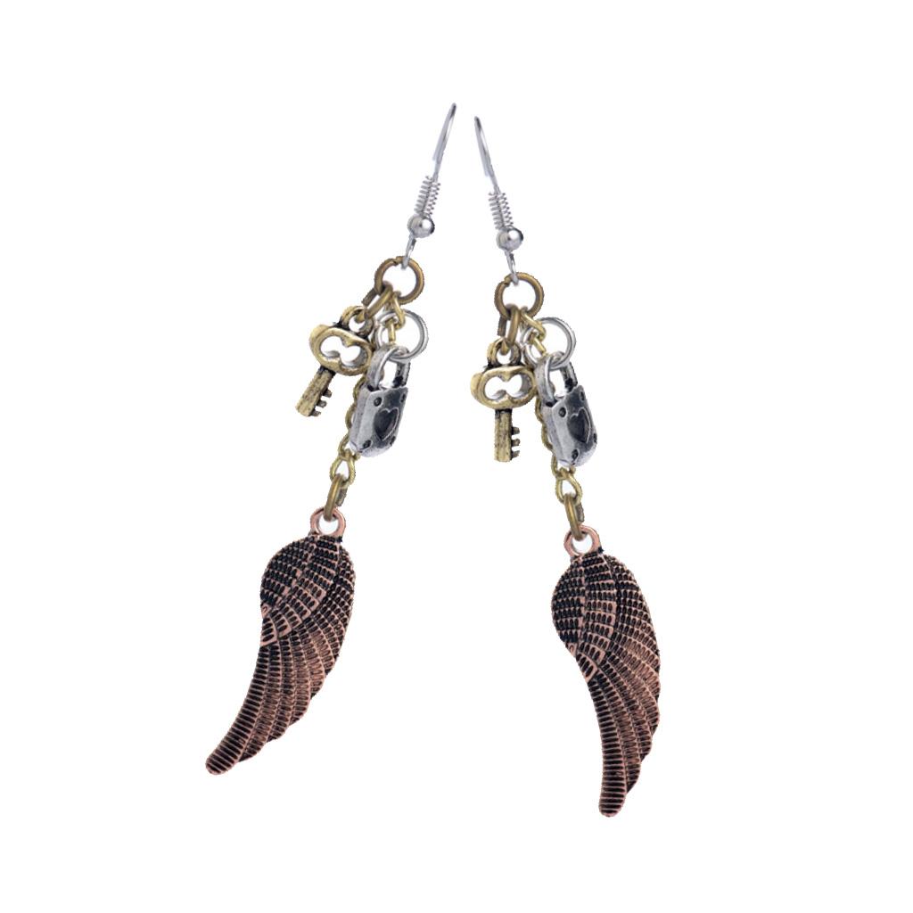 Women Steampunk Vintage Key Lock Angel Wing Dangle Earrings