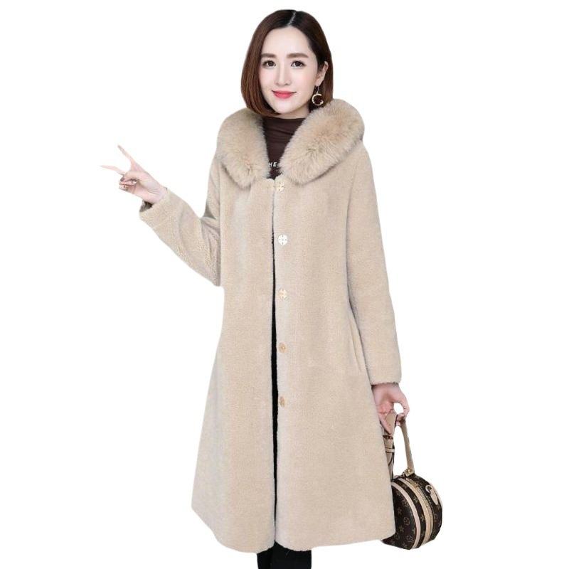 Granular Sheep Shearing Coat Women's Medium and Long Winter Imitation Fox Fur Hooded Integrated Imitation Fur Coat