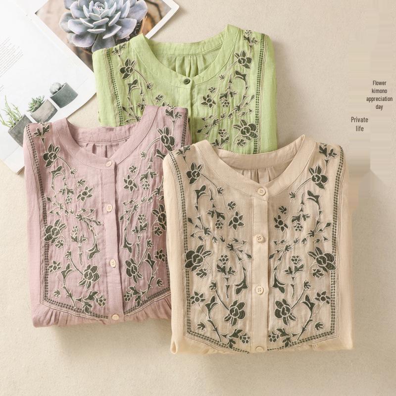 2025 Women's Retro Linen Shirt: Elegant Stand Collar, Single-Breasted, Embroidered Design
